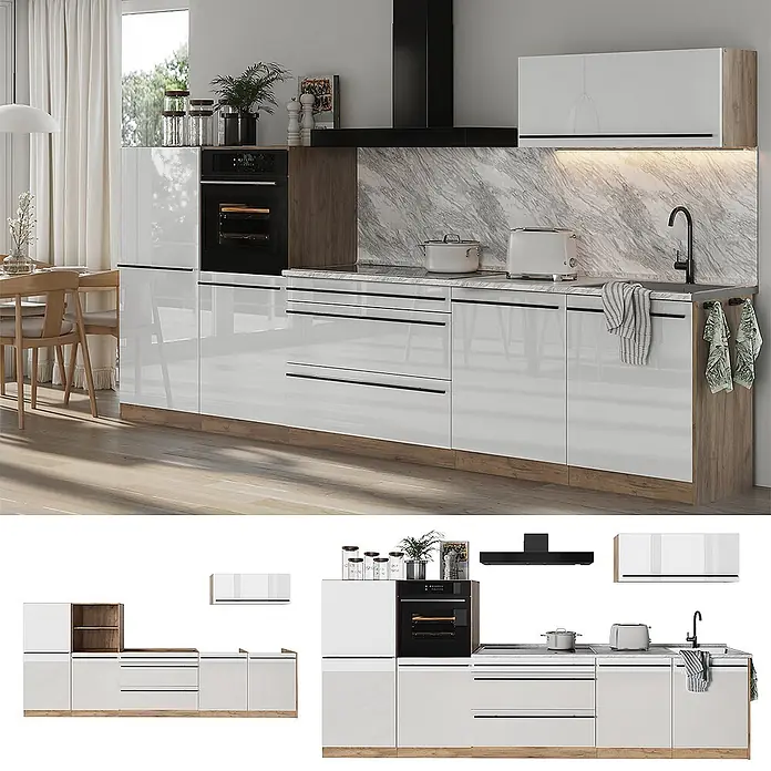 Küchenzeile R-Line 340 cm Weiß Hochglanz Art.-Nr. 66538 -  - Moderne Küche mit weißen Hochglanzschränken, Holzdetails, Marmorrückwand und integrierten Geräten.