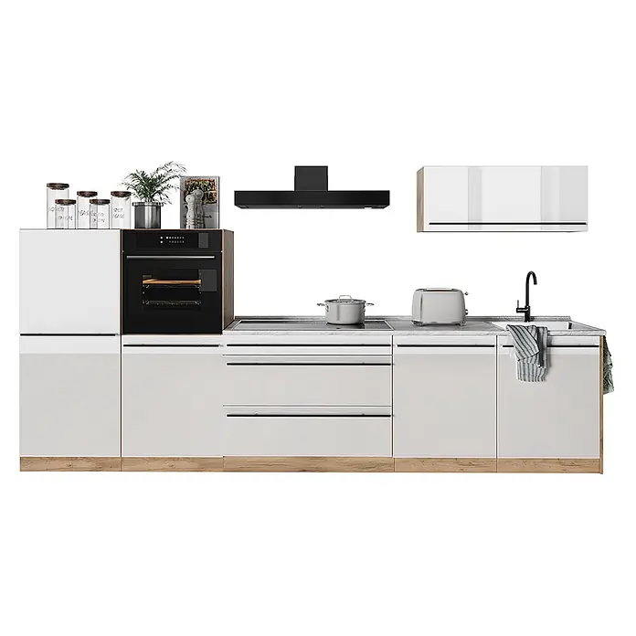 Küchenzeile R-Line 340 cm Weiß Hochglanz Art.-Nr. 66538 -  - Moderne Küchenzeile mit weißen Schränken, integriertem schwarzem Ofen, Kochfeld, Dunstabzug und Spüle, akzentuiert mit hellem Holzdekor.