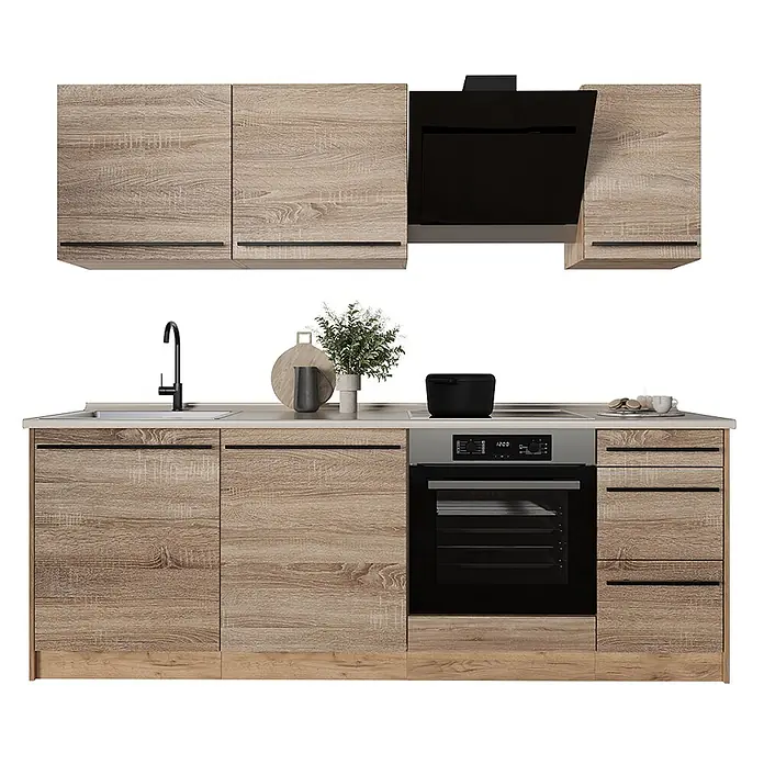 Küchenzeile R-Line 220 cm Sonoma Art.-Nr. 67131 -  - Modulare Küchenzeile in heller Holzoptik mit schwarzen Griffen, Spüle, Kochfeld, Backofen und Dunstabzugshaube.