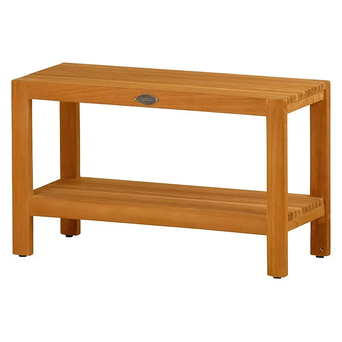 Badregal Holz Tito auch als Bad Sitzbank dank Massivholz-Konstruktion -  - Hellbraune Holzbank mit zwei Ablagen.