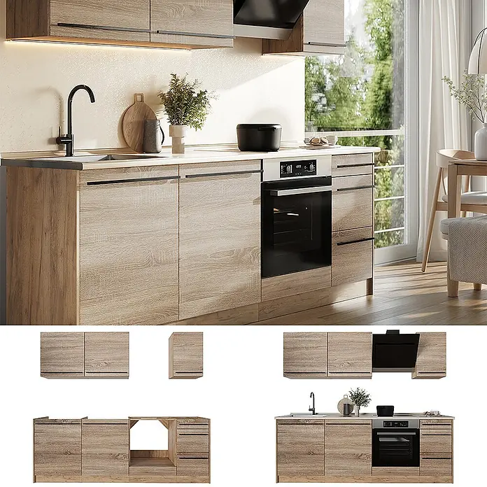 Küchenzeile R-Line 220 cm Sonoma Art.-Nr. 67131 -  - Moderne Küchenzeile mit hellen Holzmaserungsschränken, schwarzer Spüle, Armatur und integriertem Ofen.