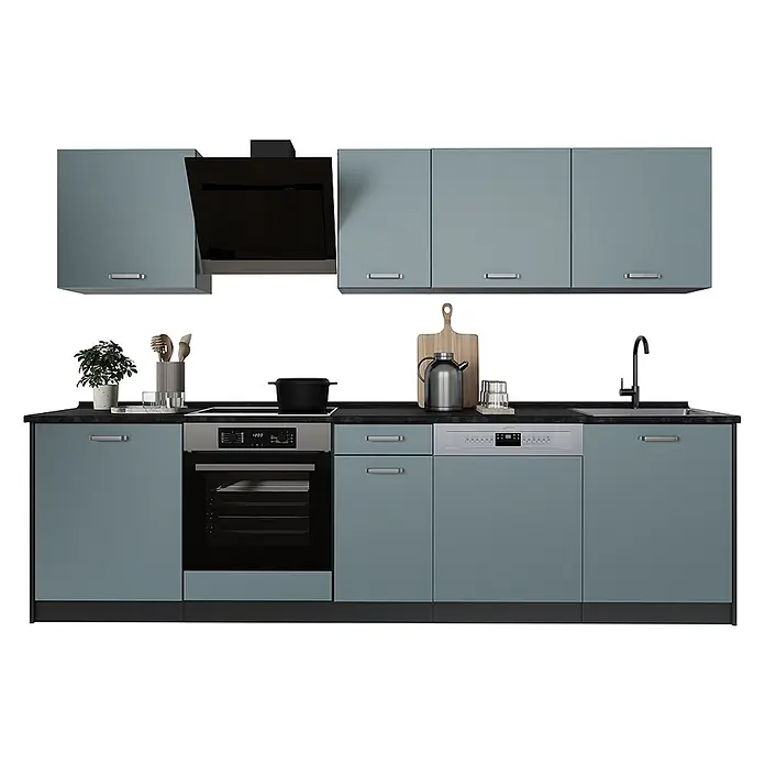 Küchenzeile R-Line 280 cm Blau-Grau Art.-Nr. 67159 -  - Komplette Küchenzeile mit mattblaugrauen Schränken, schwarzer Arbeitsplatte, integriertem Backofen, Kochfeld, Spüle und Geschirrspüler.