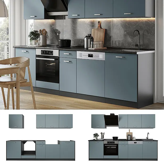 Küchenzeile R-Line 280 cm Blau-Grau Art.-Nr. 67159 -  - Moderne modulare Küchenzeile mit blaugrauen Schränken, dunkler Arbeitsplatte und integrierten Geräten (Backofen, Geschirrspüler, Spüle).