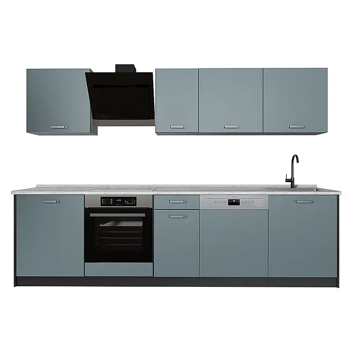 Küchenzeile R-Line 280 cm Blau-Grau Art.-Nr. 67159 -  - Blaue-graue modulare Küche mit weißer Arbeitsplatte, integriertem Backofen, Geschirrspüler, Spüle, schwarzem Wasserhahn und schwarzer Dunstabzugshaube.
