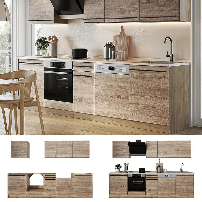 Küchenzeile R-Line 280 cm Sonoma Art.-Nr. 67174 -  - Modulare Küche in heller Holzoptik mit schwarzen Griffen, integriertem Backofen, Geschirrspüler und Spüle.