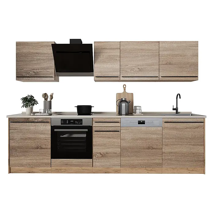 Küchenzeile R-Line 280 cm Sonoma Art.-Nr. 67174 -  - Küchenzeile in heller Holzoptik mit Ober- und Unterschränken, integriertem Ofen, Geschirrspüler, Spüle und Dunstabzugshaube.