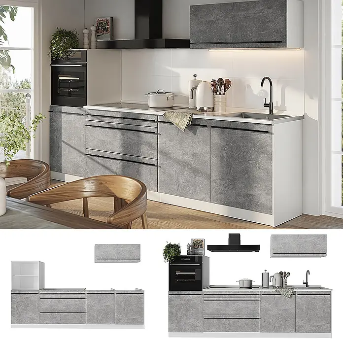 Küchenzeile R-Line 280 cm Beton Art.-Nr. 67270 -  - Moderne Küche in Betonoptik Grau mit integriertem Backofen, Kochfeld und Spüle.