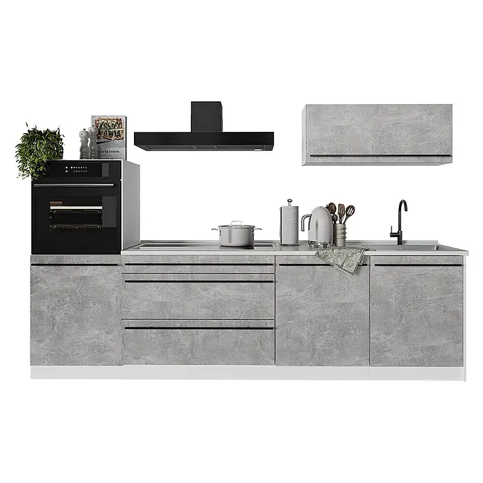 Küchenzeile R-Line 280 cm Beton Art.-Nr. 67270 -  - Modulare Küchenzeile mit grauen Betonoptik-Schränken, schwarzem Ofen, Dunstabzugshaube und Spüle.