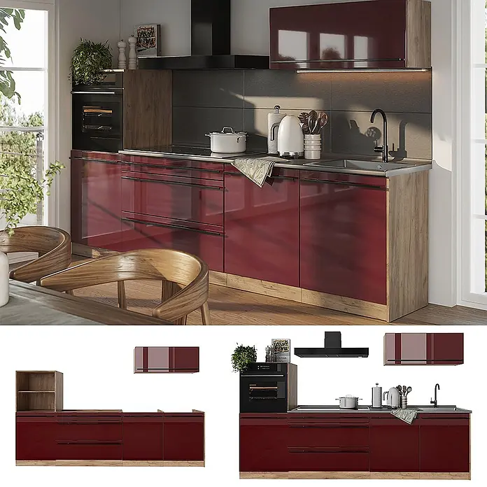 Küchenzeile R-Line 280 cm Rot Hochglanz Art.-Nr. 66485 -  - Hochglanz-rote Küche mit Holzakzenten, integriertem Backofen, Kochfeld und Spüle, in moderner Küchenumgebung.