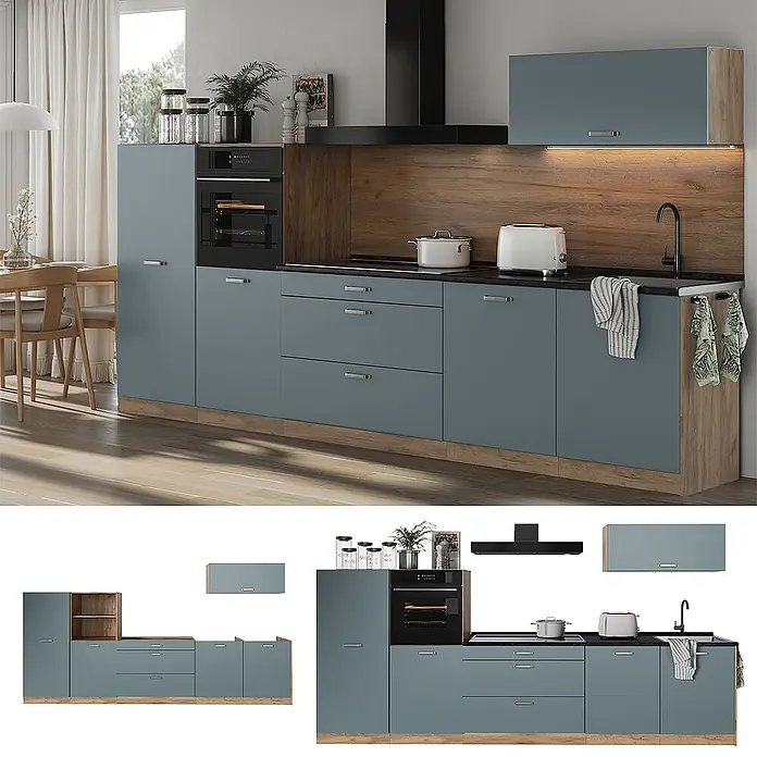 Küchenzeile R-Line 340 cm Blau-Grau Art.-Nr. 67302 -  - Moderne blaugraue Küchenschränke mit Holzelementen und schwarzer Arbeitsplatte, mit integriertem Backofen und Spüle in einer zeitgenössischen Umgebung.