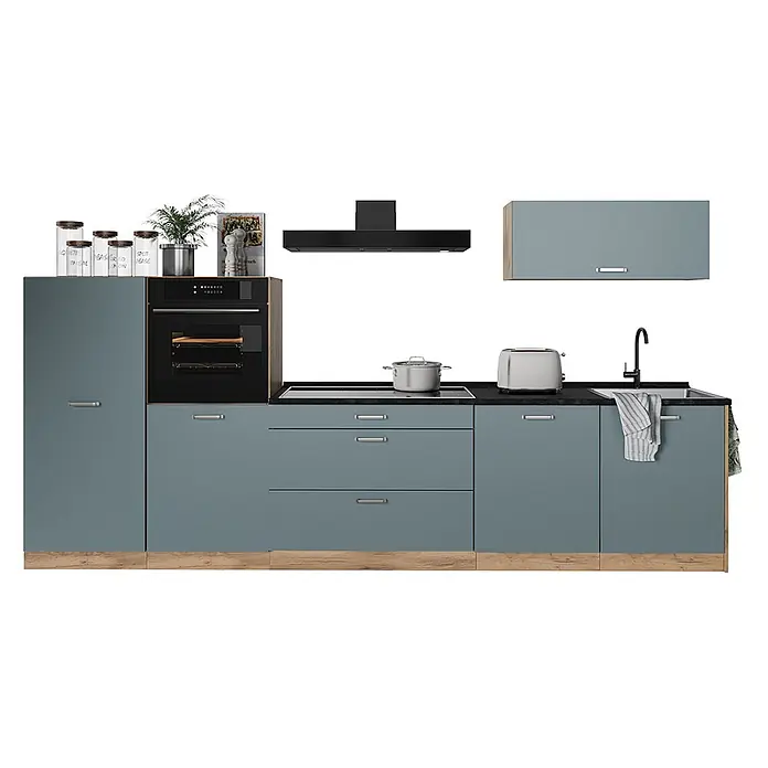 Küchenzeile R-Line 340 cm Blau-Grau Art.-Nr. 67302 -  - Moderne Modulküche in Petrolblau mit heller Holzoptik, Ofen, Kochfeld, Spüle und Dunstabzugshaube.