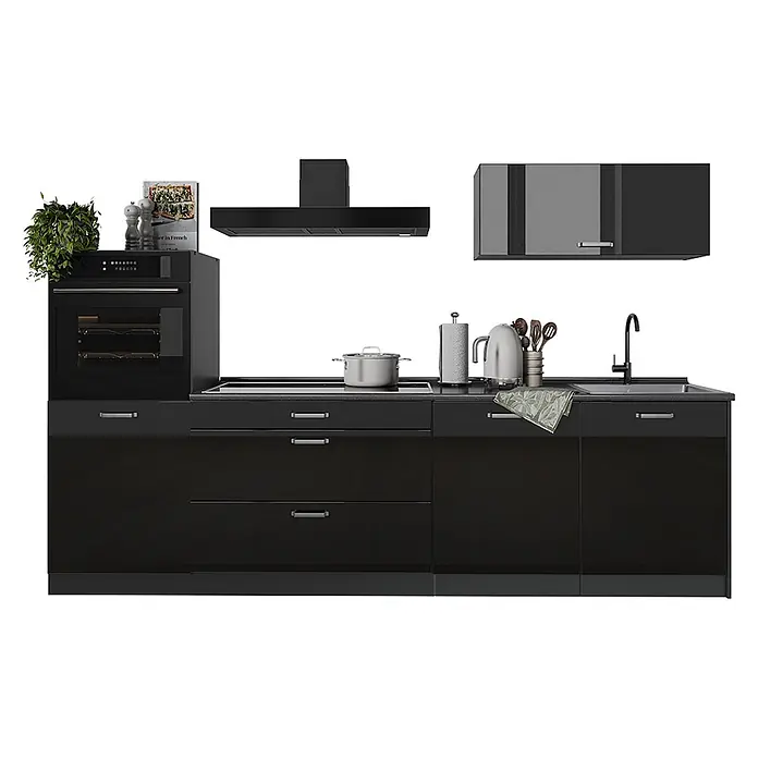 Küchenzeile R-Line 280 cm Schwarz Hochglanz Art.-Nr. 66476 -  - Schwarze modulare Küchenzeile mit Backofen, Kochfeld, Spüle, Dunstabzugshaube und Ober-/Unterschränken.