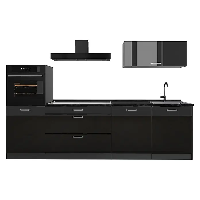 Küchenzeile R-Line 280 cm Schwarz Hochglanz Art.-Nr. 66476 -  - Schwarze modulare Küchenzeile mit Einbauherd, Kochfeld, Spüle, Dunstabzugshaube und Oberschränken.