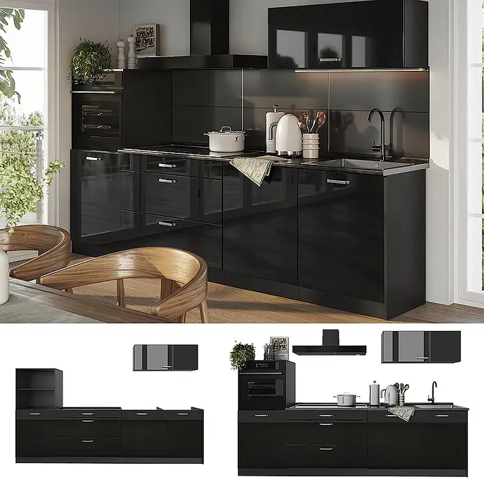 Küchenzeile R-Line 280 cm Schwarz Hochglanz Art.-Nr. 66476 -  - Moderne schwarze Hochglanz-Küchenzeile mit integriertem Backofen, Kochfeld und Spüle, in einer modernen Küche.