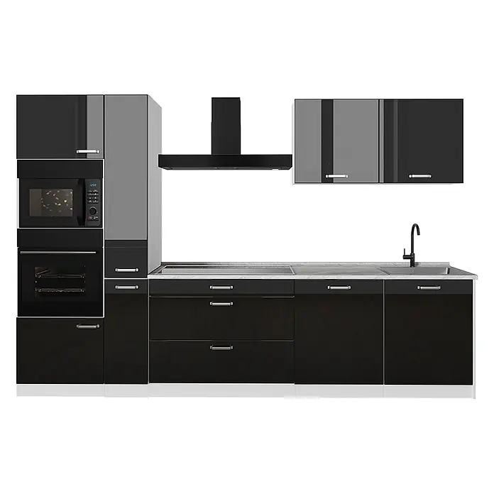 Küchenzeile R-Line 310 cm Schwarz Hochglanz Art.-Nr. 66460 -  - Moderne schwarze und graue Küchenzeile mit integrierter Mikrowelle, Backofen, Kochfeld und Spüle, mit eleganten Schränken und Schubladen.