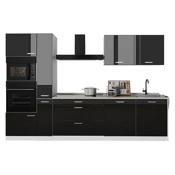 Küchenzeile R-Line 310 cm Schwarz Hochglanz Art.-Nr. 66460 -  - Moderne Küche in Schwarz und Grau mit Backofen, Mikrowelle, Kochfeld und Spüle sowie heller Arbeitsplatte.