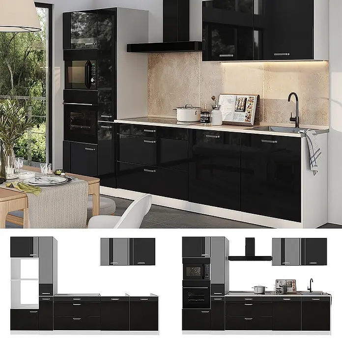 Küchenzeile R-Line 310 cm Schwarz Hochglanz Art.-Nr. 66460 -  - Moderne Hochglanz-Schwarz-Küche mit integrierten Geräten und viel Stauraum, in zeitgenössischem Küchenambiente.