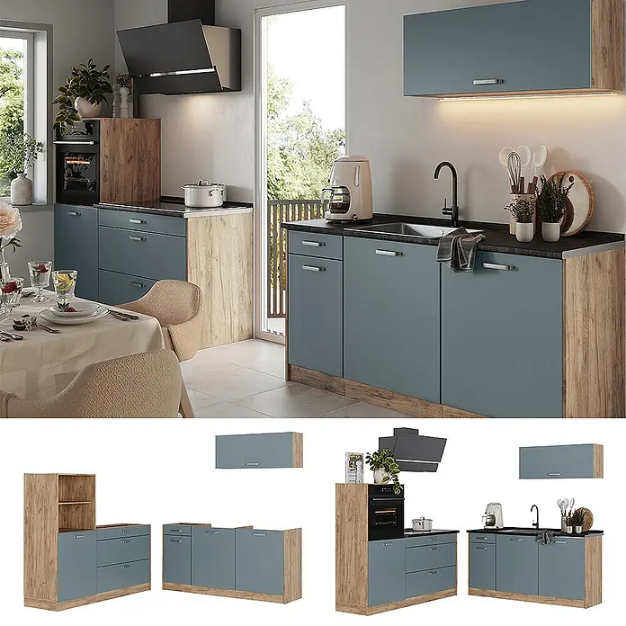 Küchenzeile R-Line 160 cm Blau-Grau Art.-Nr. 66917 -  - Moderne Küchenzeile mit blaugrauen Fronten, Holzdekor-Paneelen und schwarzen Arbeitsplatten, mit integrierten Geräten.