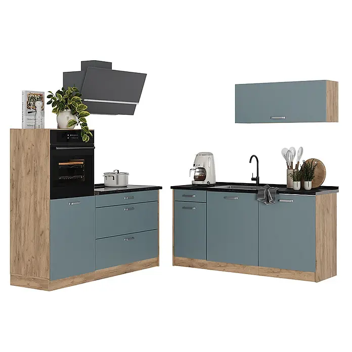 Küchenzeile R-Line 160 cm Blau-Grau Art.-Nr. 66917 -  - Modulare Küche in Blau-Grau und Holzoptik, mit Backofen, Dunstabzugshaube und Spüle.