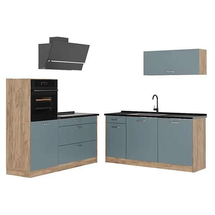 Küchenzeile R-Line 160 cm Blau-Grau Art.-Nr. 66917 -  - Modulare Küchenzeile mit blaugrauen Türen, Holzmaserung, schwarzen Arbeitsplatten, Einbauofen, Spüle und Dunstabzugshaube.