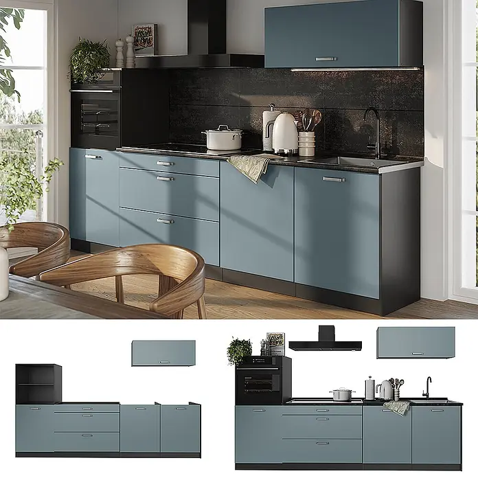 Küchenzeile R-Line 280 cm Blau-Grau Art.-Nr. 67248 -  - Moderne blau-graue Küchenzeile mit schwarzen Arbeitsplatten und Geräten, in heller Küche integriert.