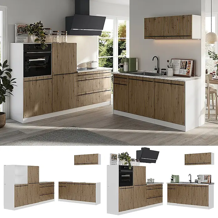 Küchenzeile R-Line 220 cm Artisan-Eiche Art.-Nr. 67102 -  - Moderne Küche mit weißen und naturbelassenen Holzlamellen-Schränken, integriertem Backofen und Spüle.