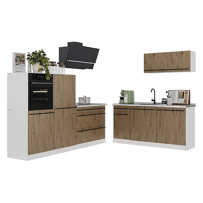Küchenzeile R-Line 220 cm Artisan-Eiche Art.-Nr. 67102 -  - Moderne Küchenzeile mit braunen Holzlatten-Fronten und weißer Struktur, inklusive eingebautem Backofen, Dunstabzugshaube und Spüle.