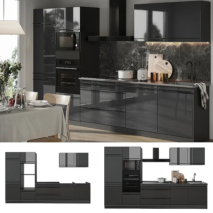 Küchenzeile R-Line 340 cm Anthrazit Hochglanz Art.-Nr. 66553 -  - Moderne hochglänzende dunkelgraue Küchenschränke mit integrierten Geräten.