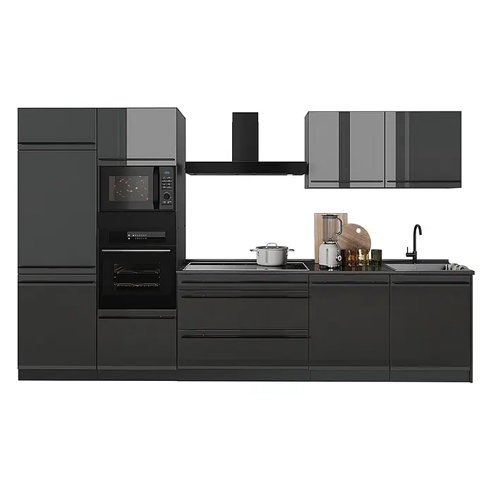 Küchenzeile R-Line 340 cm Anthrazit Hochglanz Art.-Nr. 66553 -  - Moderne dunkelgraue Küche mit integriertem Backofen, Mikrowelle, Kochfeld, Spüle, Dunstabzugshaube und eleganten Schränken.