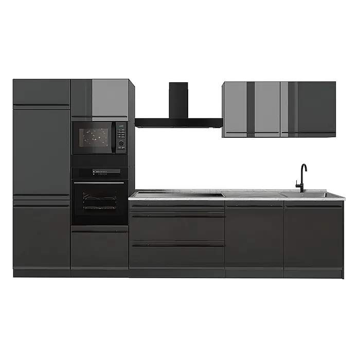 Küchenzeile R-Line 340 cm Anthrazit Hochglanz Art.-Nr. 66556 -  - Moderne, dunkelgraue Hochglanz-Küchenzeile mit integriertem Kühlschrank, Mikrowelle, Backofen, Kochfeld, Spüle und Hängeschränken.