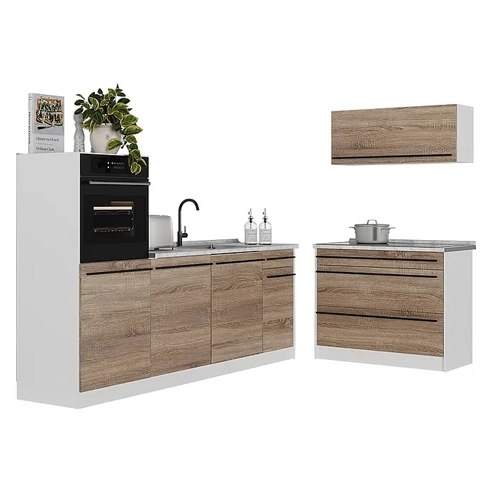 Küchenzeile R-Line 220 cm Sonoma Art.-Nr. 67455 -  - Modulare Küchenzeile mit hellen Holzmaserungsschränken, weißen Rahmen und Arbeitsplatten. Inklusive Ofen, Spüle und Kochfeld.