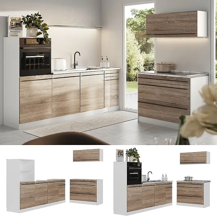 Küchenzeile R-Line 220 cm Sonoma Art.-Nr. 67455 -  - Modulare Küchenschränke mit weißen Rahmen und hellen Holzfronten, integriert mit Ofen und Spüle in modernem Ambiente.