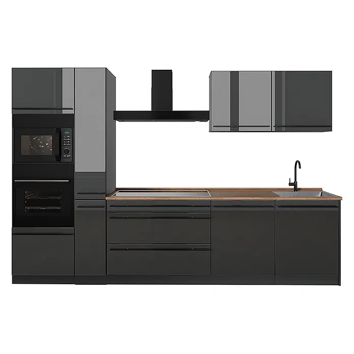 Küchenzeile R-Line 310 cm Anthrazit Hochglanz Art.-Nr. 66422 -  - Moderne dunkelgraue Küchenzeile mit Holzplatte, integrierter Mikrowelle, Backofen, Induktionskochfeld, Spüle und schwarzer Dunstabzugshaube.