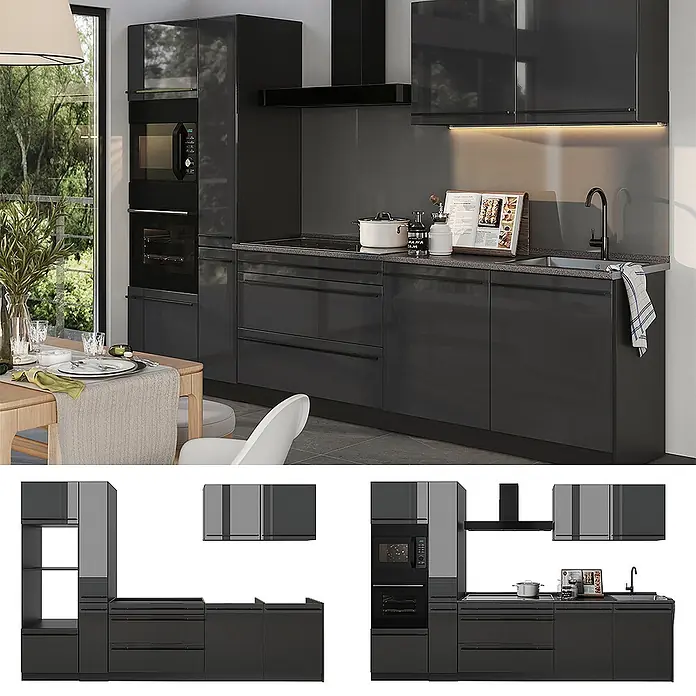 Küchenzeile R-Line 310 cm Anthrazit Hochglanz Art.-Nr. 66423 -  - Moderne dunkelgraue Hochglanzküche mit integrierten Geräten, Spüle und Kochbereich, in einem zeitgenössischen Wohnambiente.