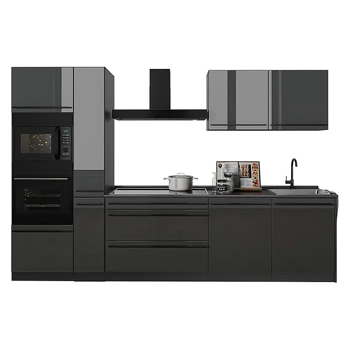Küchenzeile R-Line 310 cm Anthrazit Hochglanz Art.-Nr. 66423 -  - Dunkelgraue Modulküche mit integrierter Mikrowelle, Backofen, Induktionskochfeld, Spüle, Schränken und Schubladen.