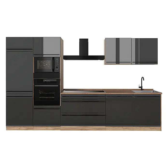 Küchenzeile R-Line 340 cm Anthrazit Hochglanz Art.-Nr. 66570 -  - Moderne dunkelgraue Glanzküche mit Holzdetails, integrierten Geräten: Backofen, Mikrowelle, Kochfeld, Dunstabzug, Spüle und Schränken.