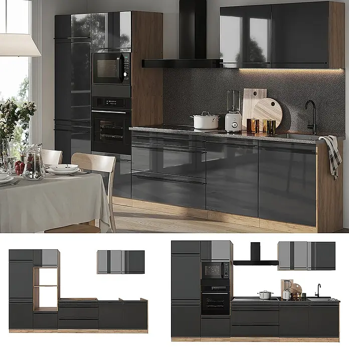 Küchenzeile R-Line 340 cm Anthrazit Hochglanz Art.-Nr. 66570 -  - Moderne Küche mit dunkelgrauen Hochglanzschränken, Holzakzenten und integrierten Geräten.