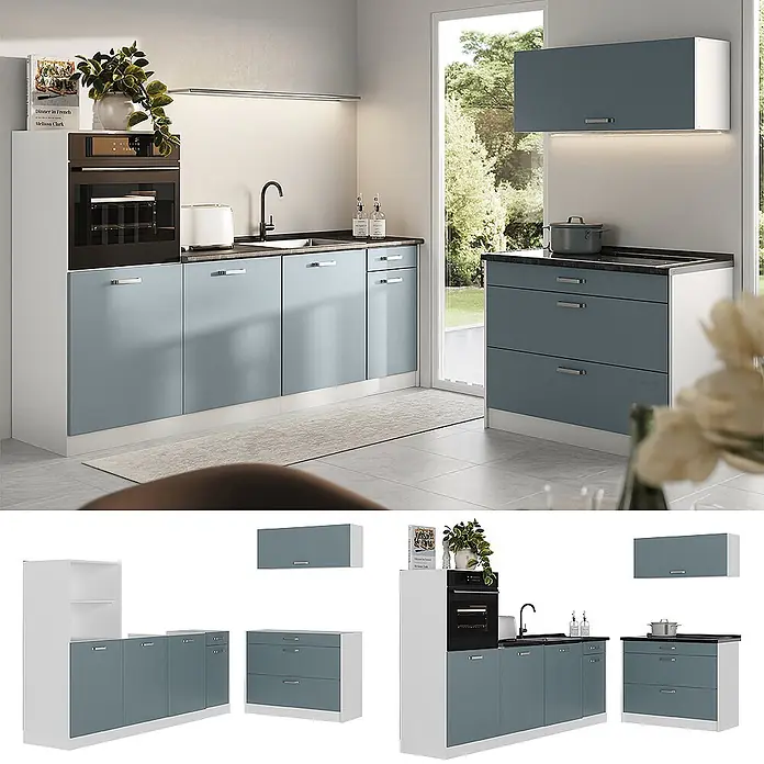 Küchenzeile R-Line 220 cm Blau-Grau Art.-Nr. 67450 -  - Hellblau-graue und weiße modulare Küchenschränke mit dunklen Arbeitsplatten, in einer modernen Küche montiert.
