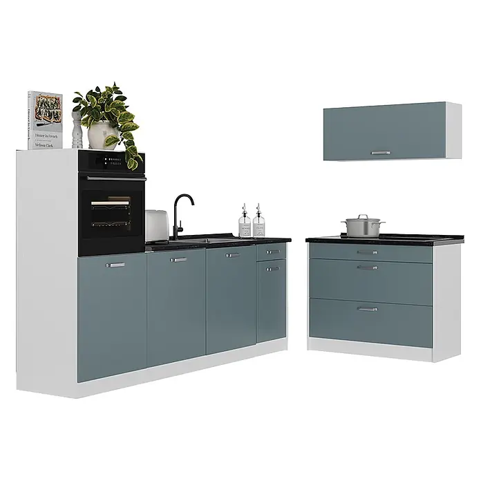 Küchenzeile R-Line 220 cm Blau-Grau Art.-Nr. 67450 -  - Modulare Küchenzeile mit blau-grauen Fronten, schwarzer Arbeitsplatte, integriertem Backofen, Spüle und passendem Hängeschrank.