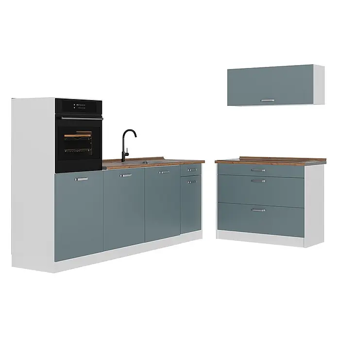 Küchenzeile R-Line 220 cm Blau-Grau Art.-Nr. 67450 -  - Moderne Küchenzeile mit integriertem Backofen, Spüle, blaugrauen Schränken, weißen Rahmen und Holzoptik-Arbeitsplatten.
