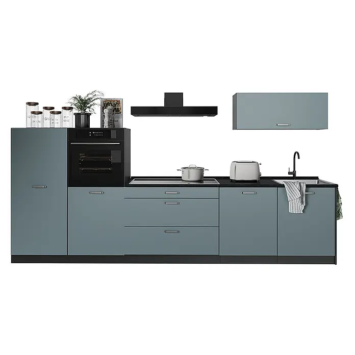 Küchenzeile R-Line 340 cm Blau-Grau Art.-Nr. 67290 -  - Blaugraue Modulküche mit schwarzer Arbeitsplatte, integriertem Backofen, Kochfeld, Spüle und Dunstabzugshaube, inklusive Oberschrank.