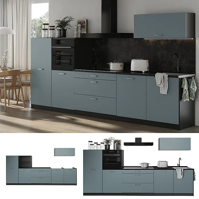 Küchenzeile R-Line 340 cm Blau-Grau Art.-Nr. 67290 -  - Moderne blaugraue Küche mit schwarzer Arbeitsplatte, integriertem Backofen, Kochfeld und Spüle in einem hellen Raum.
