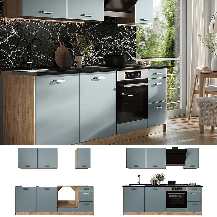 Küchenzeile R-Line 220 cm Blau-Grau Art.-Nr. 67126 -  - Moderne blau-graue Küche mit schwarzer Arbeitsplatte, Holzakzenten, integriertem Backofen, Kochfeld und Spüle.