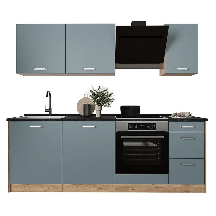 Küchenzeile R-Line 220 cm Blau-Grau Art.-Nr. 67126 -  - Hellblaue Küche mit dunkler Arbeitsplatte, Spüle, Kochfeld, Backofen und Holzsockel.