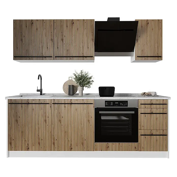 Küchenzeile R-Line 220 cm Artisan-Eiche Art.-Nr. 67133 -  - Moderne Küchenzeile mit Holzlamellen-Schranktüren, schwarzen Griffen, weißer Arbeitsplatte, integriertem schwarzem Backofen, Spüle, Wasserhahn und Dunstabzugshaube.
