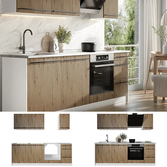 Küchenzeile R-Line 220 cm Artisan-Eiche Art.-Nr. 67133 -  - Moderne Küche mit Lamellenholzschränken, weißer Arbeitsplatte, integriertem Backofen und Spüle. Elegante schwarze Armatur und Marmor-Rückwand.