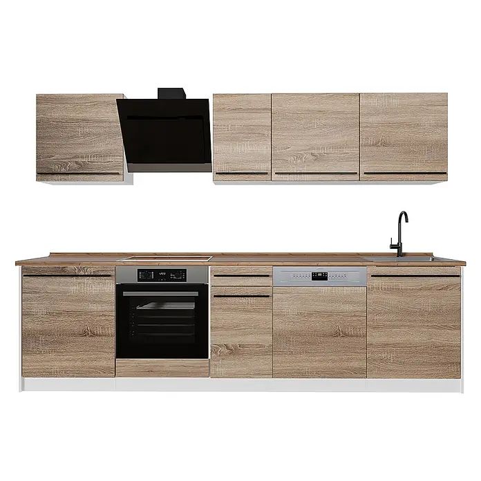 Küchenzeile R-Line 280 cm Sonoma Art.-Nr. 67192 -  - Modulare Küche mit hellen Holzfronten, schwarzem Backofen, Kochfeld, Dunstabzugshaube, silbernem Geschirrspüler und schwarzem Waschbecken.