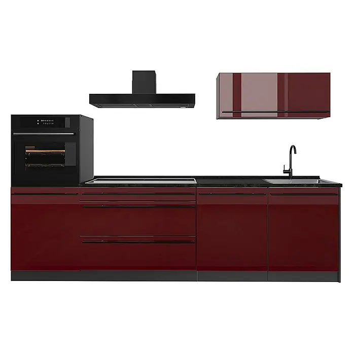Küchenzeile R-Line 280 cm Rot Hochglanz Art.-Nr. 66472 -  - Moderne rote Küchenzeile mit integriertem schwarzem Backofen, Kochfeld, Spüle, Armatur und einer schwarzen Dunstabzugshaube mit passendem Oberschrank.