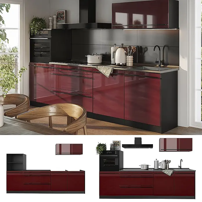 Küchenzeile R-Line 280 cm Rot Hochglanz Art.-Nr. 66472 -  - Moderne Küche mit glänzenden, dunkelroten Unterschränken und schwarzen Oberschränken, ausgestattet mit Ofen, Kochfeld und Spüle.