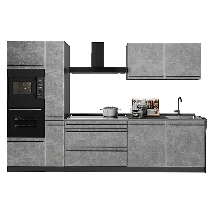 Küchenzeile R-Line 310 cm Beton Art.-Nr. 67199 -  - Moderne graue Küche in Betonoptik mit Einbaumikrowelle, Backofen, Kochfeld, Dunstabzugshaube und Spüle.